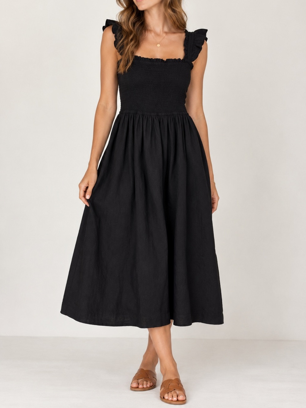 Loft Beach Women’s Black Smocked Midi Dress with Ruffle Straps